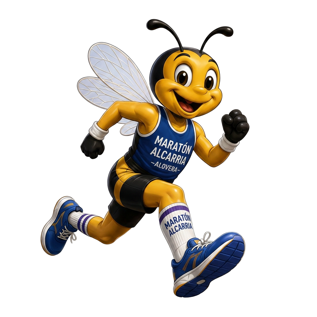 Mascota abeja del Maratón Alcarria corriendo con camiseta oficial