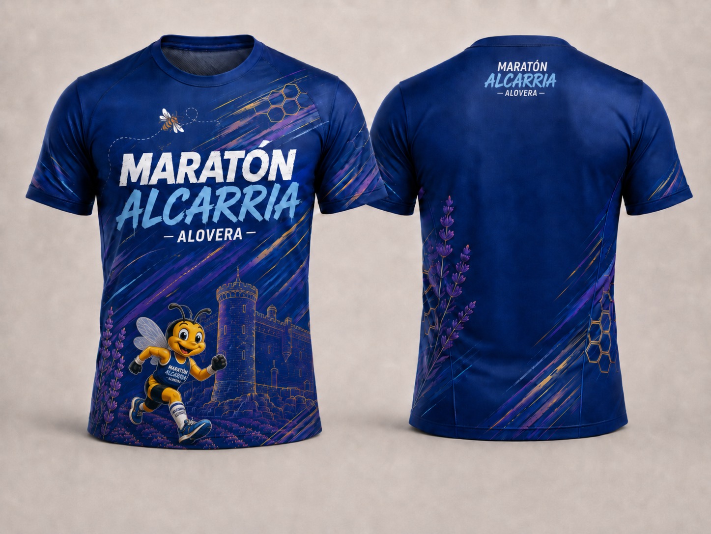 Camiseta oficial del Maratón Alcarria en Alovera: diseño azul con mascota abeja, castillo y lavanda
